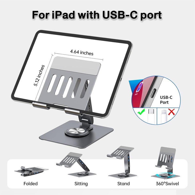 HC Adjustable Tablet Stand with USBC Hub 7-in-1, Aluminum Tablet Holder with Docking Station, 360° Swivel Base, 4K HDMI, 100W PD Charging, USB 3.0, SD/TF Reader, 3.5mm Audio, for iPad with USB-C Port - Image 2